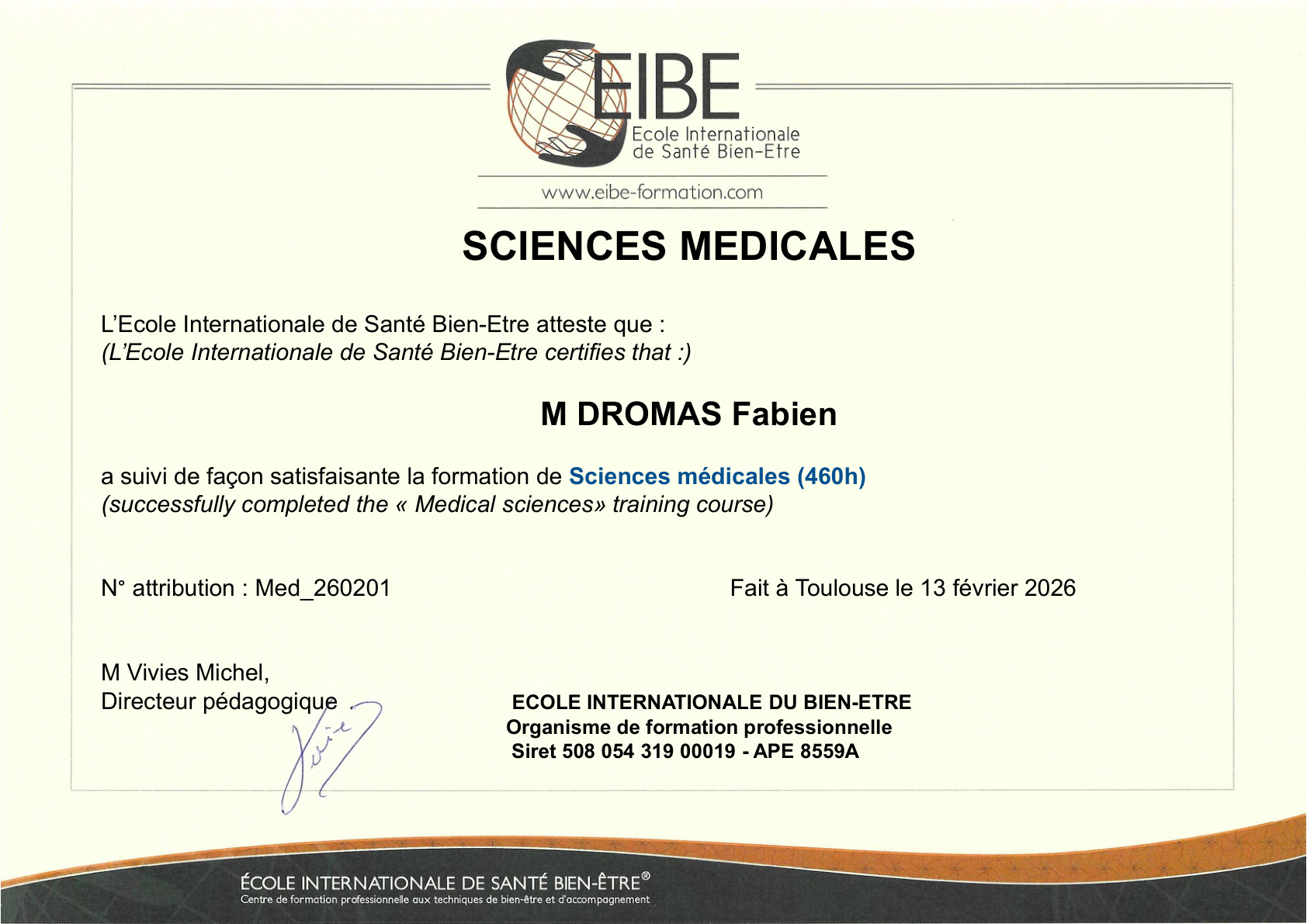 Attestation de formation en sciences médicales EIBE