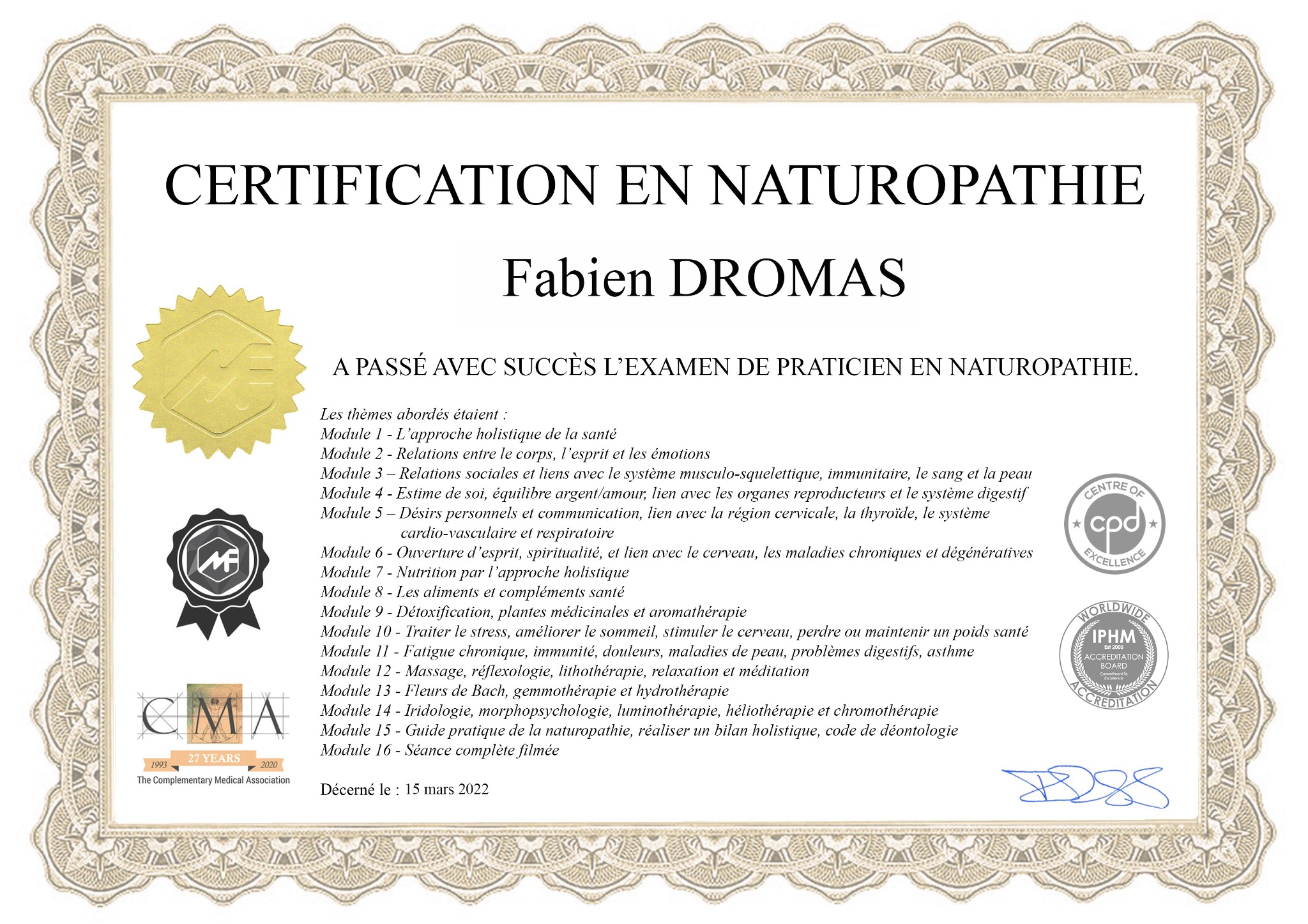Certification en naturopathie de Fabien Dromas