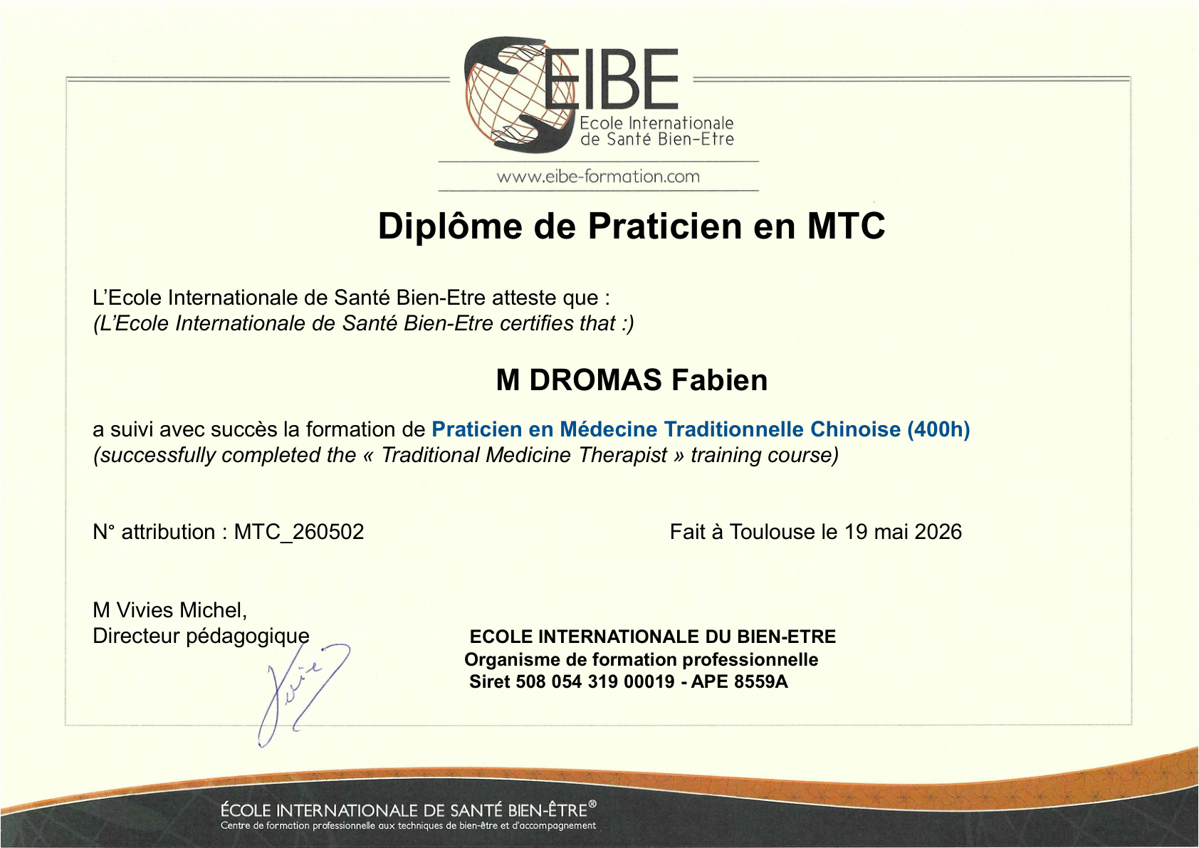 Diplôme de praticien en médecine traditionnelle chinoise EIBE